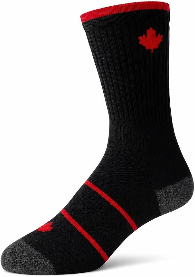 SoleTerra Canadian Series merino trail sock in black and charcoal with red maple leaf